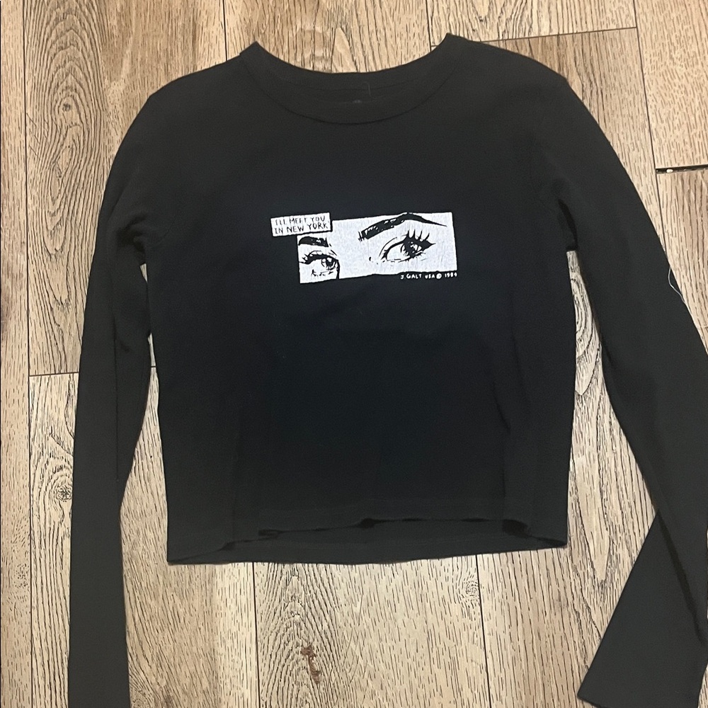 Brandy Melville Black Long-Sleeve Cropped Tee with White Eye Graphic